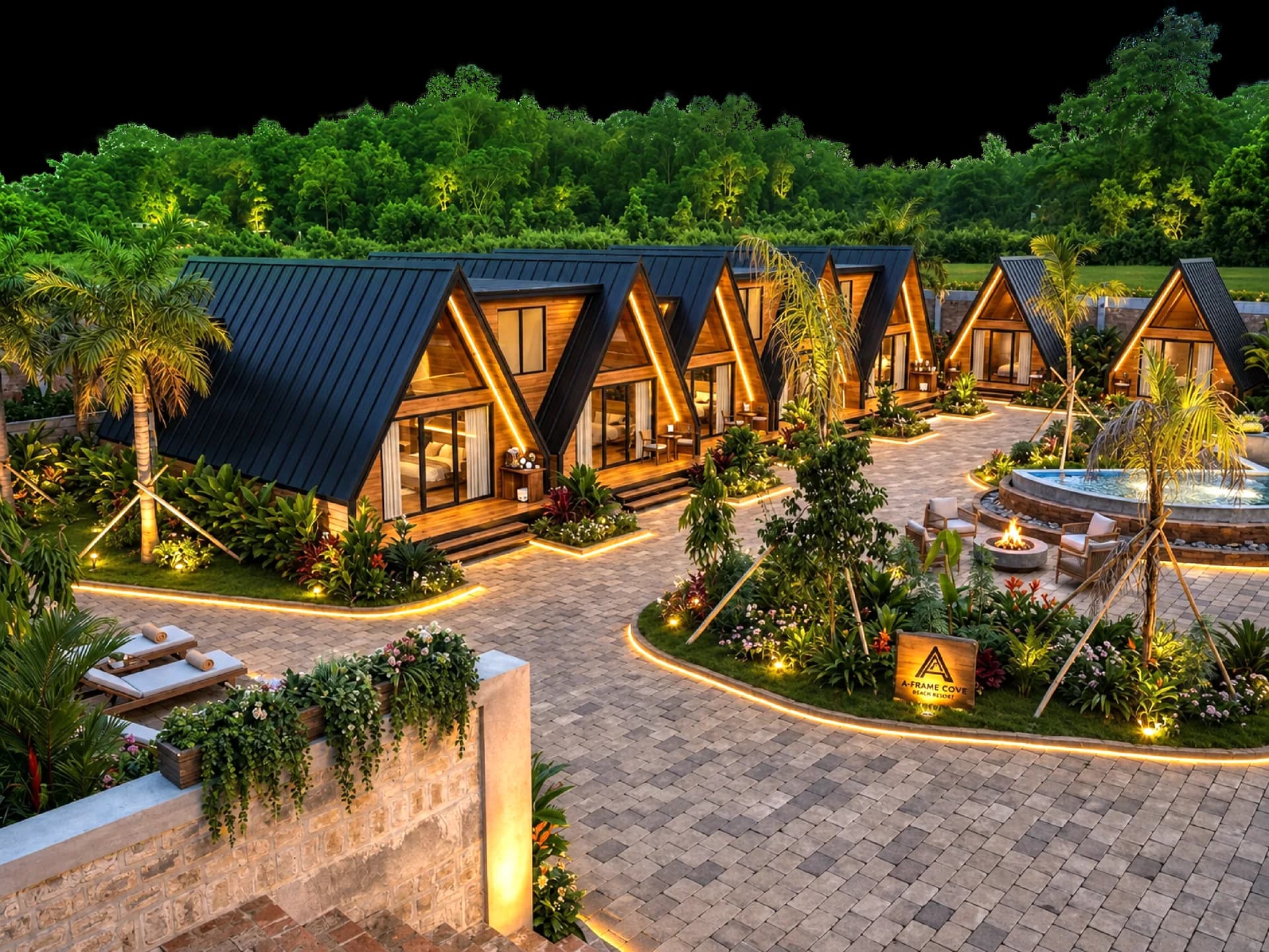 A-frame cottages lit at dusk around a fire pit and fountain