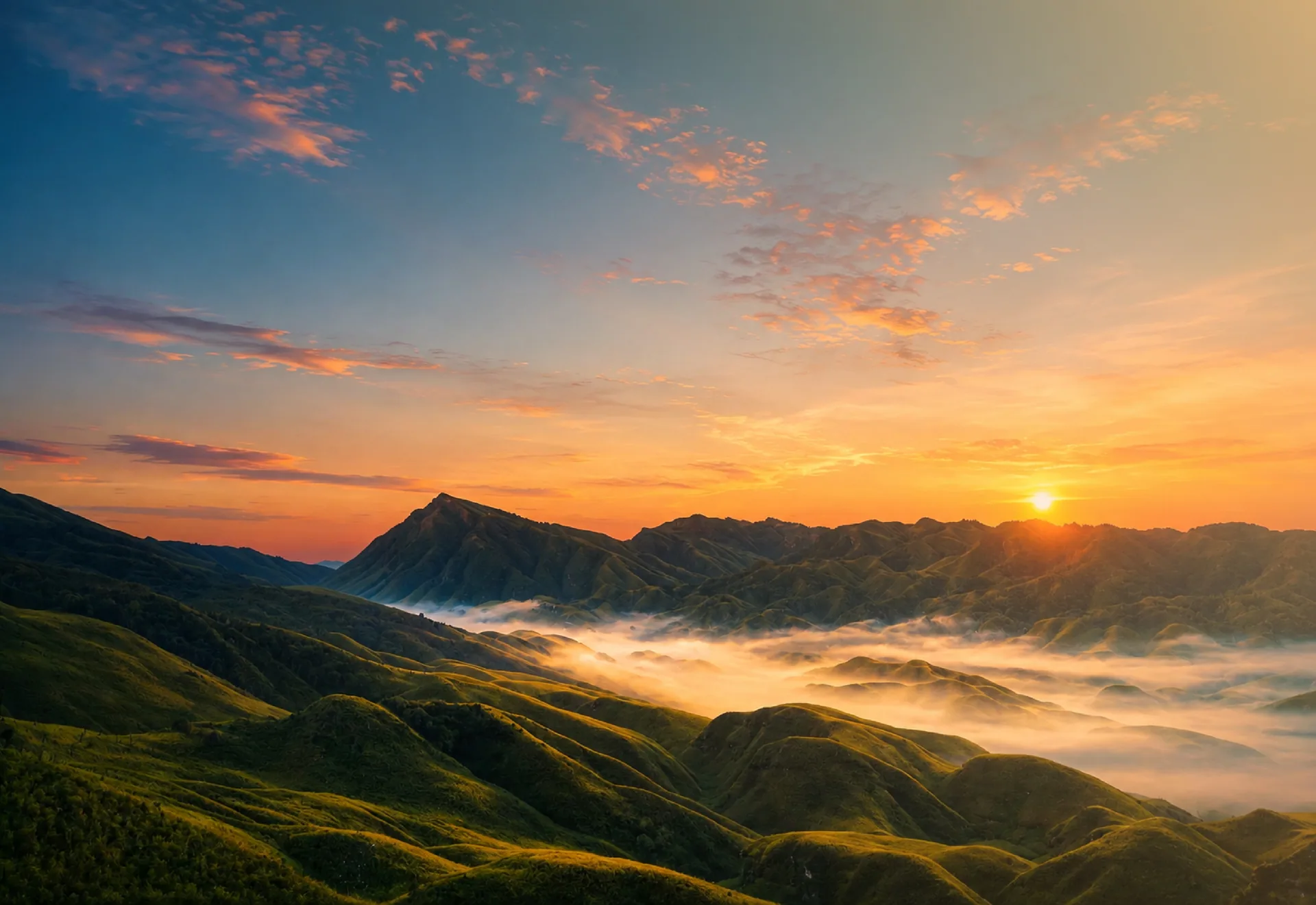 Sunrise over the Nagaland hills with clouds settled in the valleys